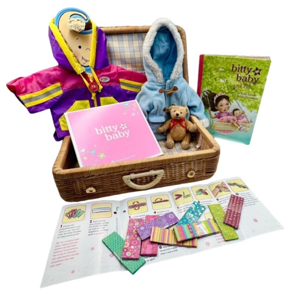 American Girl Bitty Baby Wicker Case Outfit Lot NIB Dress Bear Book Rare